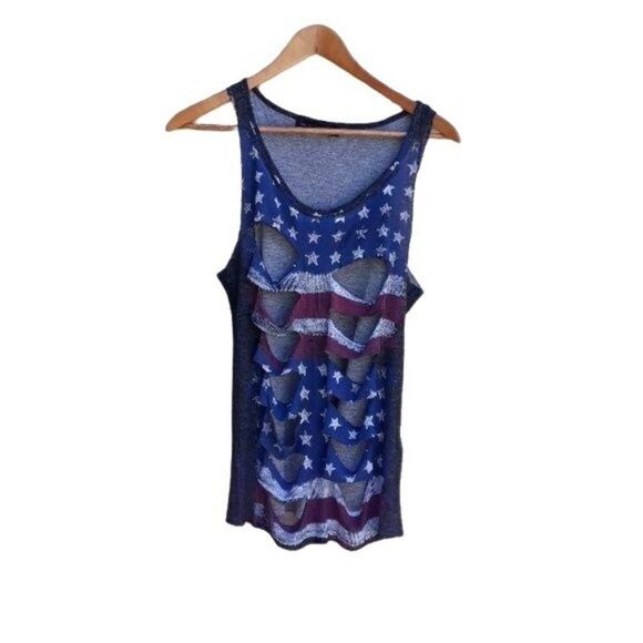 Tank Top M Destroyed Patriotic Flag Stars Distressed Cutouts Blue Red Thrashed - Picture 8 of 8